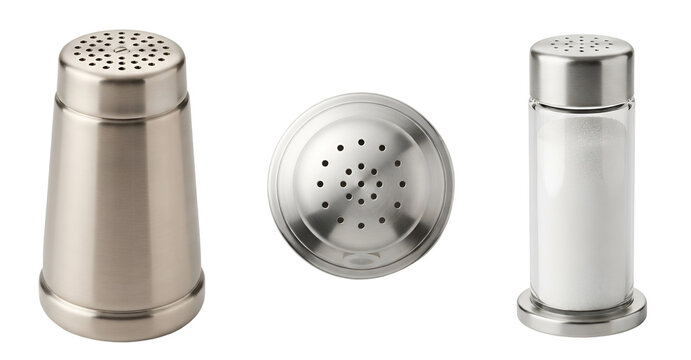 Stainless steel salt and pepper shakers with glass bottle showing top view and side angles for kitchen tabletop dining collection on transparent background