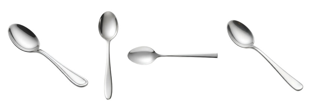 Set of shiny stainless steel spoons displayed in various angles isolated on transparent background