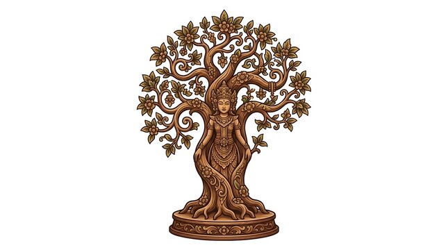 Bronze sculpture of a female figure merging with a mystical tree.