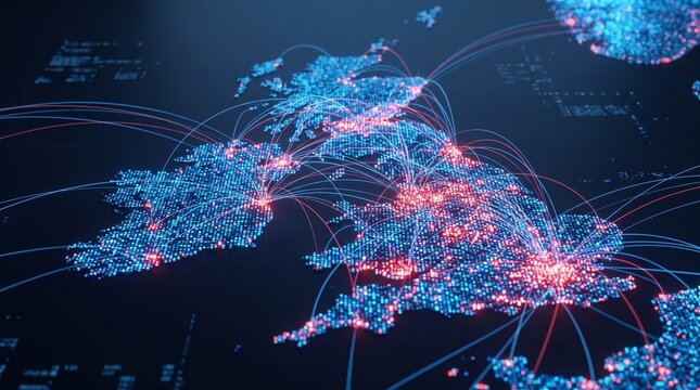 United Kingdom map digital network glowing with fiber optic lines and data transmission nodes across cities.