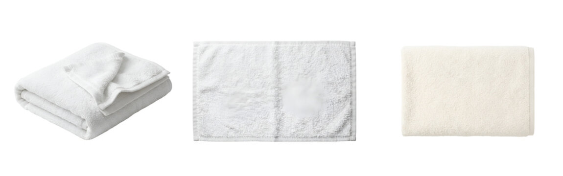 Soft white bath towels folded neatly in various angles showcasing different textures and plush fabric presented cleanly on transparent background