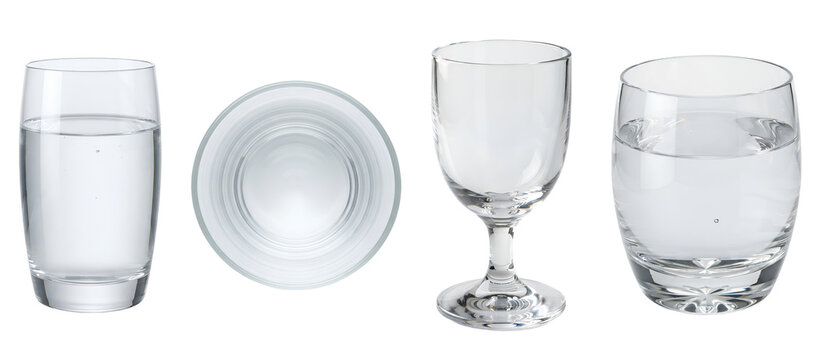 Various empty and filled drinking glasses showcasing different shapes and angles isolated on transparent background