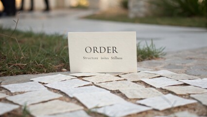 Card displaying the word ORDER with fragmented paper elements on the ground