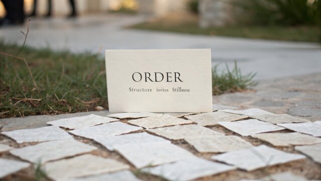 Card displaying the word ORDER with fragmented paper elements on the ground