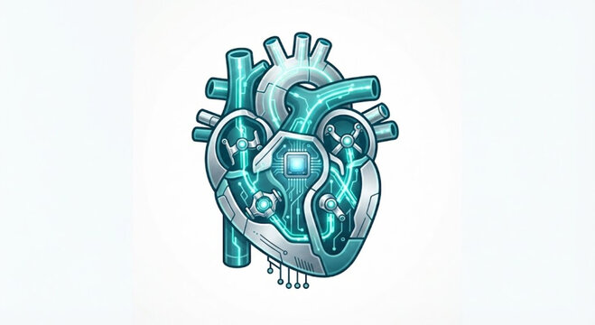 Cybernetic heart illustration with integrated circuitry and glowing veins