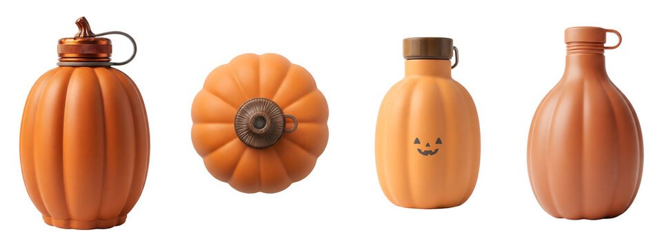 Orange pumpkin shaped water bottles featuring different perspectives and spooky jack o lantern face designs for autumn seasonal hydration drinks on transparent background