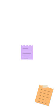 Purple and orange paper sticky notes with handwritten text and adhesive tape pieces isolated on transparent background