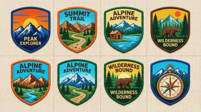 Collection of colorful outdoor adventure and hiking patches.