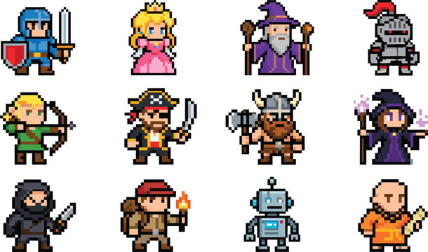 Pixel Art Fantasy and RPG Game Character Sprite Collection Featuring Knight Princess Wizard Archer Pirate Viking Thief Explorer Robot and Monk Avatars