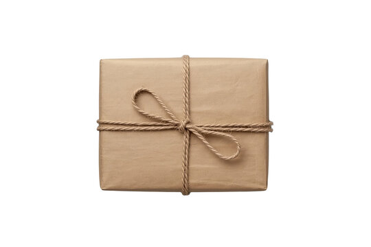 Festive kraft paper parcel tied with twine as a clean studio cutout