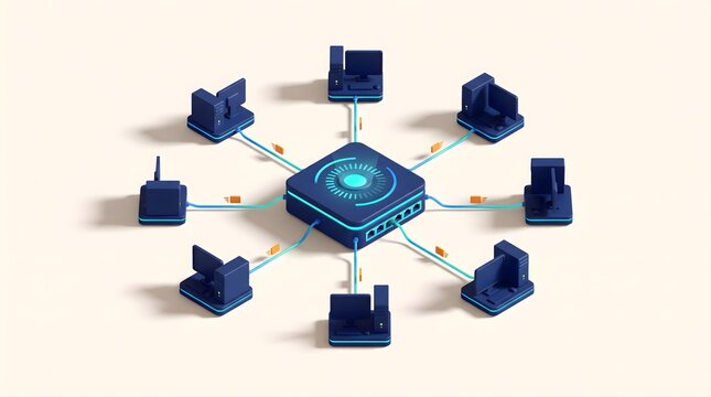 Star network topology illustration depicts connected computer systems in a 3d rendering
