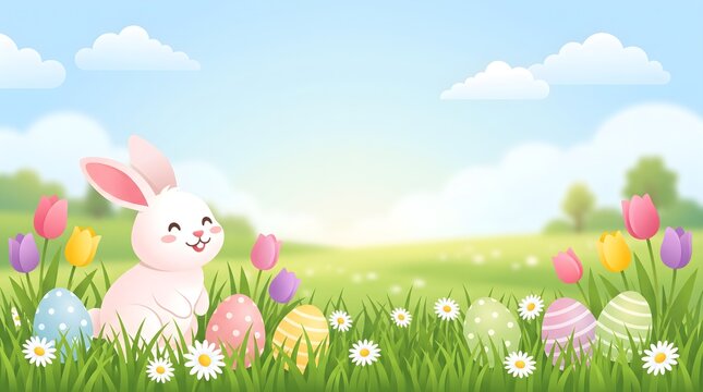 Cute white bunny in spring meadow with colorful easter eggs celebration sunlight seasonal decorated background landscape wildlife blooming