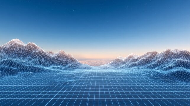 A retro digital landscape features a blue wireframe grid stretching toward stylized low-poly mountains under a gradient sky.   