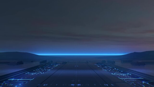 Minimal Futuristic Blue Digital Stage with Wide Horizon and Glowing Data Grid