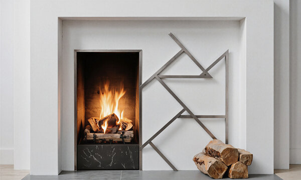 Fireplace geometric minimalist contemporary home interior with metal screen and glowing fire in white wall surround