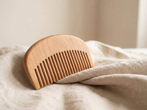 Wide tooth wooden hair comb resting on undyed linen