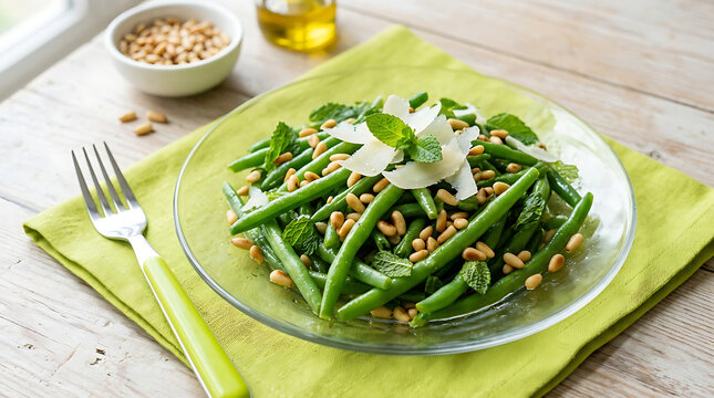 Fresh green bean salad with pine nuts and parmesan cheese served on a