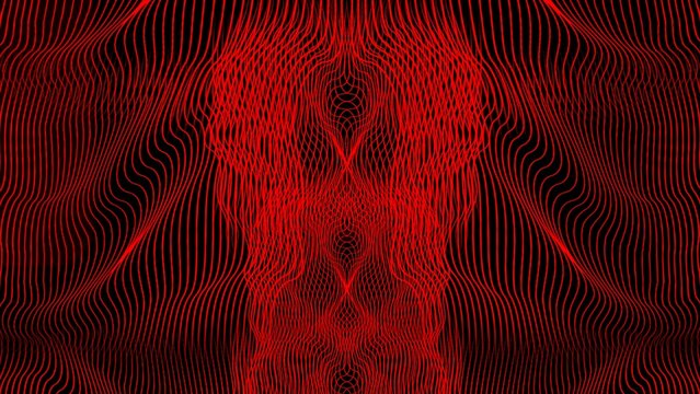 Abstract red wave pattern on black background with intricate flowing lines creating a symmetrical optical illusion