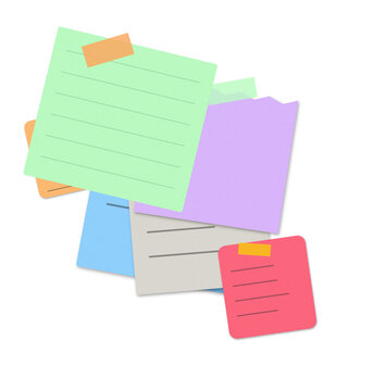 Stack of colorful sticky notes with handwritten text and tape on paper sheets isolated on transparent background