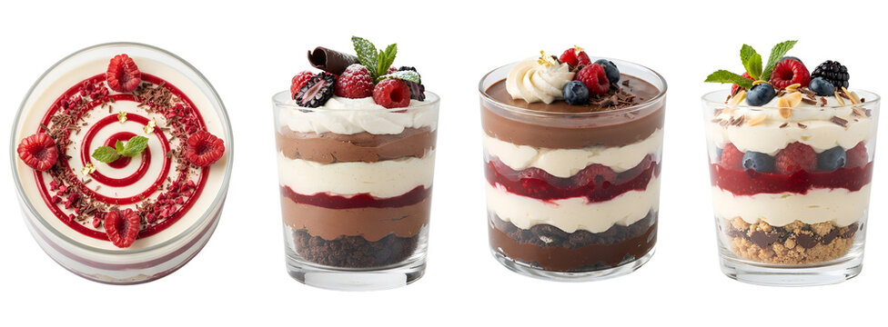 Layered chocolate and fruit trifles served in clear glass cups decorated with fresh raspberries blueberries mint leaves and whipped cream on transparent background