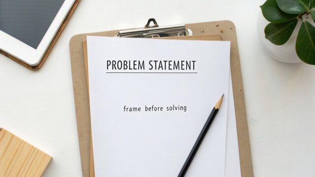 Problem Statement Document on Clipboard with Pencil in White Workspace