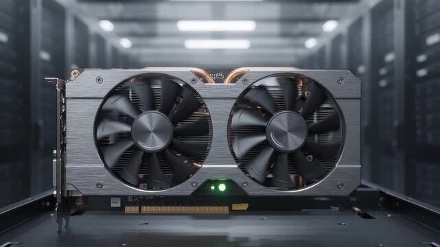 GPU cooling fans spinning up in data center server room, 4K