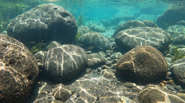 Underwater view of smooth rocks scattered across riverbed, surrounded by crystal clear freshwater
