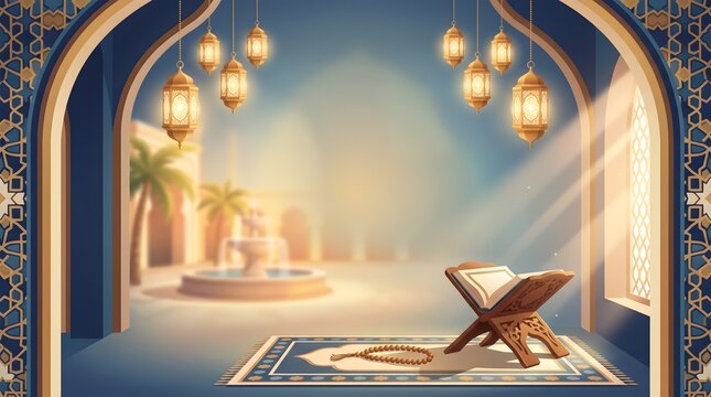 Traditional islamic prayer mat and open book on a stand inside a mosque archway with glowing hanging lanterns religion architecture