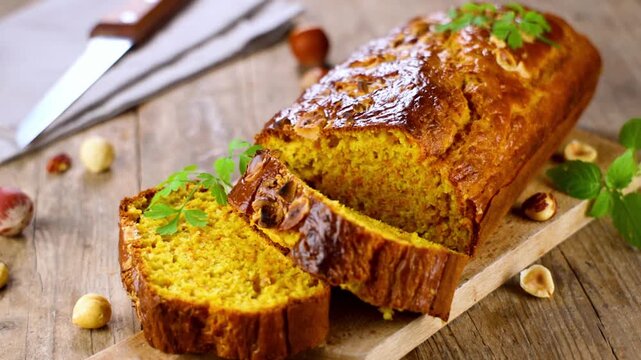 Freshly Sliced Homemade Pumpkin Bread with Nuts on Rustic Wooden Table