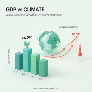 A 3D infographic comparing global GDP growth with increasing CO2 emissions and climate change impact. Ideal for economic reports, environmental studies, or sustainable.