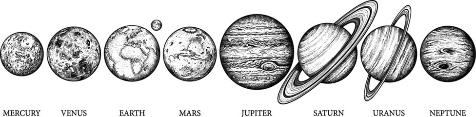 Vintage Engraved Solar System Planet Set with Mercury, Venus, Earth, Mars, Jupiter, Saturn, Uranus, and Neptune Isolated Vector Illustration Elements © Joba