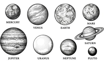 Vintage Engraved Solar System Planet Set with Mercury Venus Earth Mars Jupiter Saturn Uranus Neptune and Pluto Isolated Vector Illustration Elements for Astronomy Designs © Joba