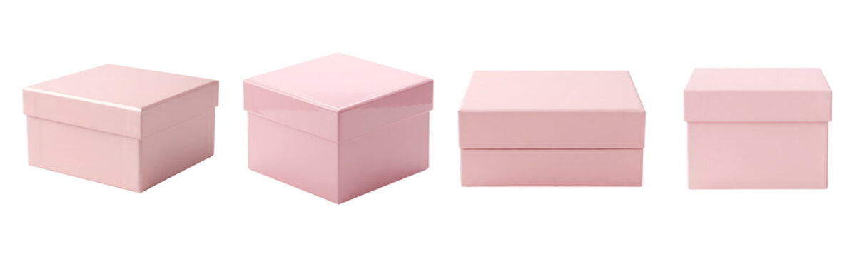 Four beautiful square pink gift boxes displayed in various angles and perspectives showcasing packaging design concepts rendered digitally on transparent background
