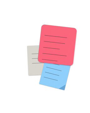 Three colorful sticky notes with handwritten lines on a simple flat illustration isolated on transparent background