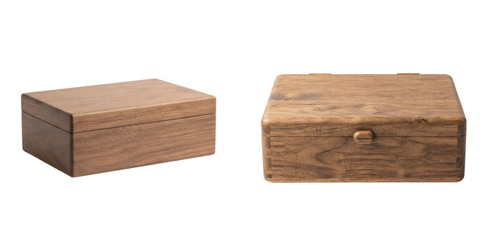 Elegant handcrafted wooden boxes with smooth polished natural brown grain surface isolated on transparent background