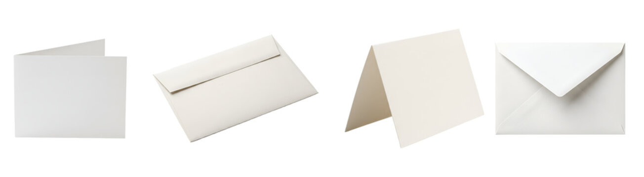Blank greeting cards and paper envelopes isolated in various angles for mockup design presentation showcased clearly against transparent background
