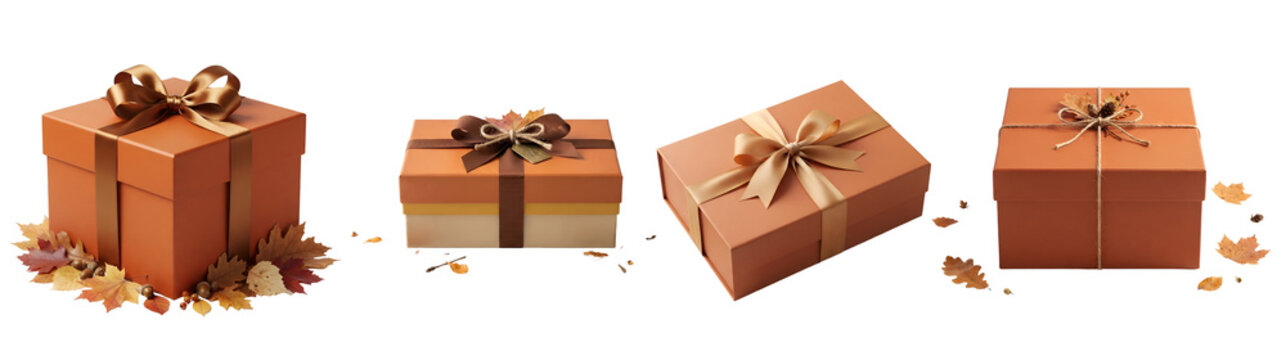 Festive autumn gift boxes decorated with satin ribbons and colorful fall foliage isolated on transparent background