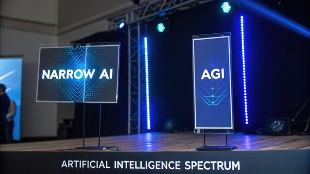 Two Digital Displays Showcasing AI and AGI Concepts on Stage