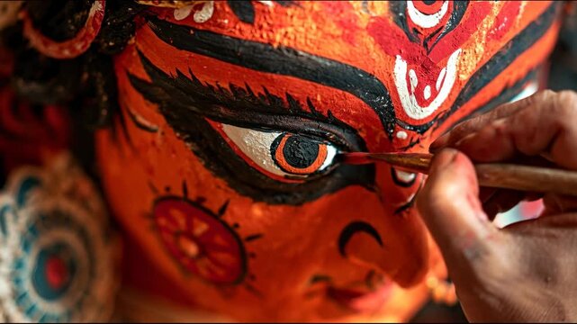 Traditional Nepalese mask artist painting intricate face design during cultural festival with copy space