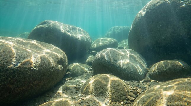 Underwater view of smooth rocks scattered across riverbed, surrounded by crystal clear freshwater