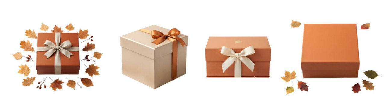 Beautiful festive gift boxes decorated with autumn leaves and elegant satin ribbons isolated on transparent background
