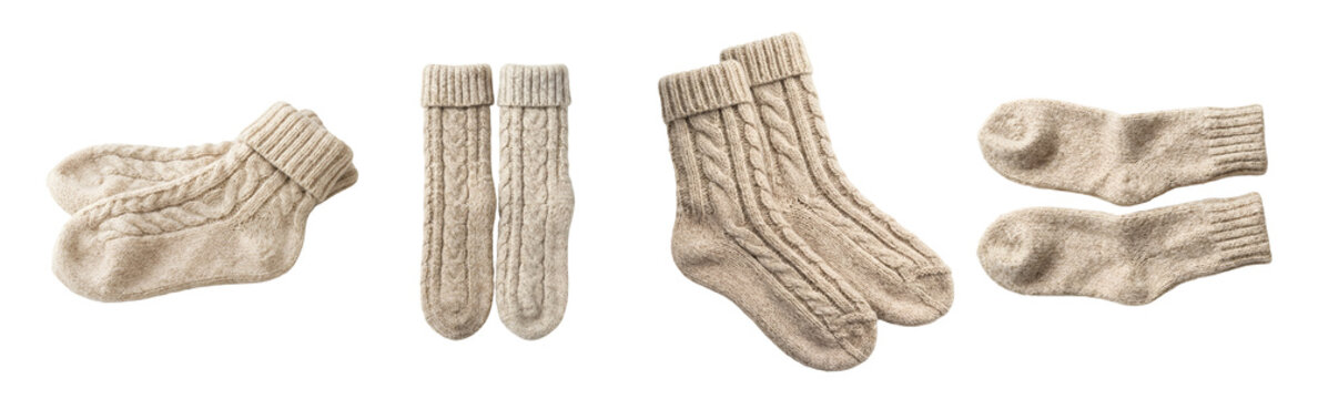 Cozy knitted wool socks in beige color displayed in various angles and arrangements isolated on transparent background