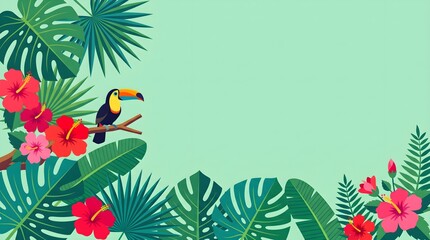 Obraz premium Tropical toucan bird perched on a branch surrounded by exotic palm leaves and hibiscus flowers with tropical hibiscus wildlife rainforest birdlife