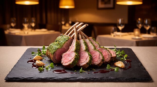 Herb-crusted rack of lamb with red wine sauce on slate plate