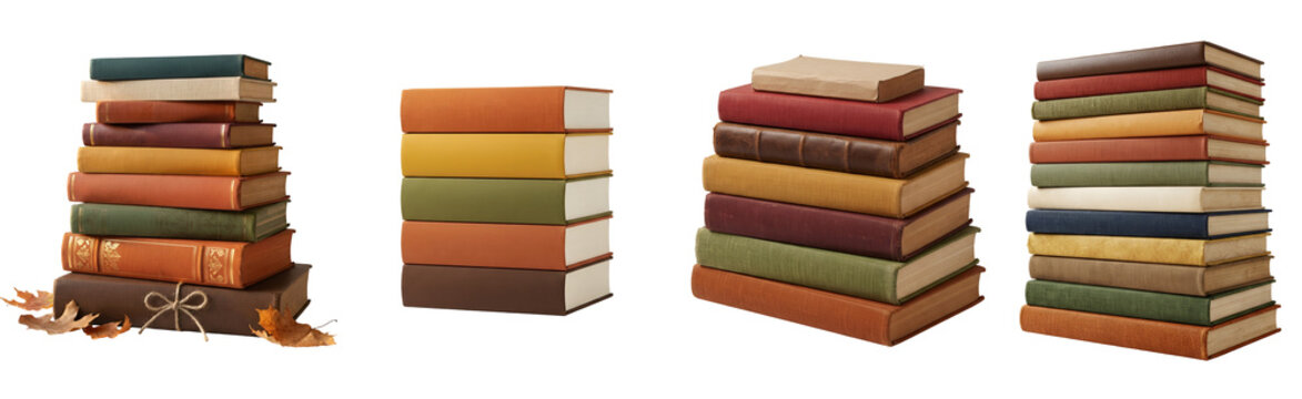 Several diverse piles of colorful vintage hardcover books arranged neatly in vertical stacks isolated on transparent background