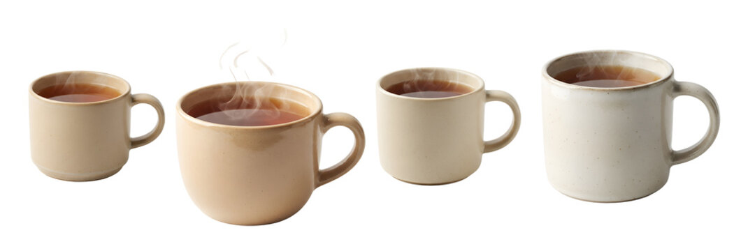 Ceramic mugs filled with hot tea showing rising steam in different sizes isolated on transparent background
