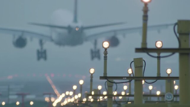 Commercial passenger airplane aircraft landing and braking at foggy, flying above approach light at airport, approach flashlights system concept. Airport runway approach lights, fence for security