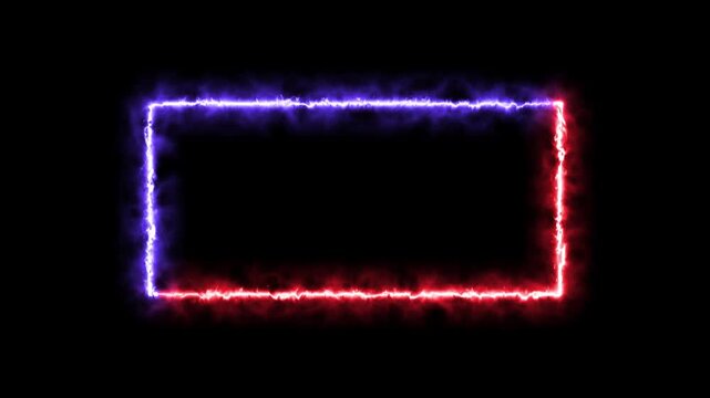 Rectangle neon frame Pink and Blue colors at purple brick wall background. Glowing neon frame in retro 80s - 90s style. Colored neon sign with empty space.