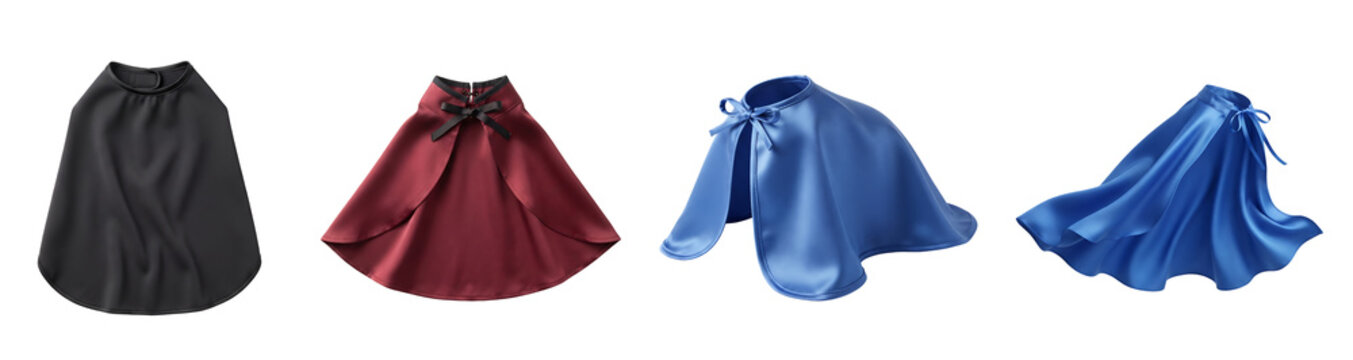 Elegant collection of satin and fabric capes in various vibrant colors showcased cleanly and neatly isolated on transparent background