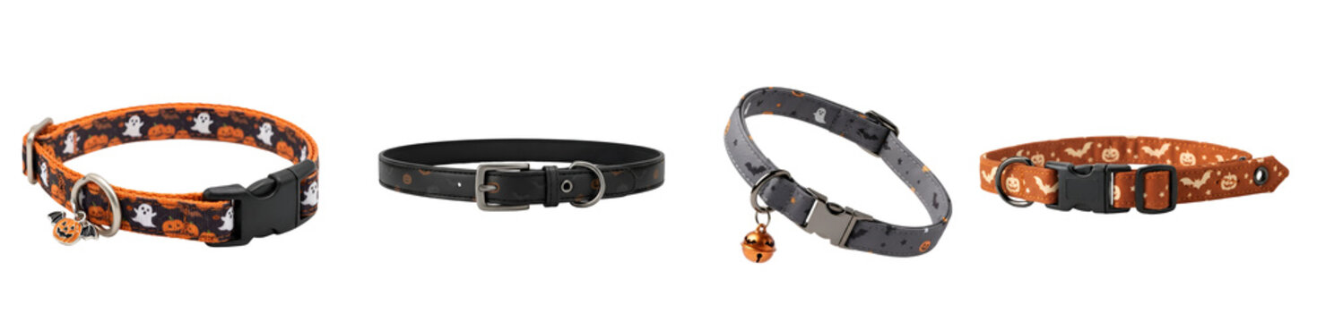 Four distinct Halloween themed pet collars featuring pumpkins ghosts and bats isolated on transparent background
